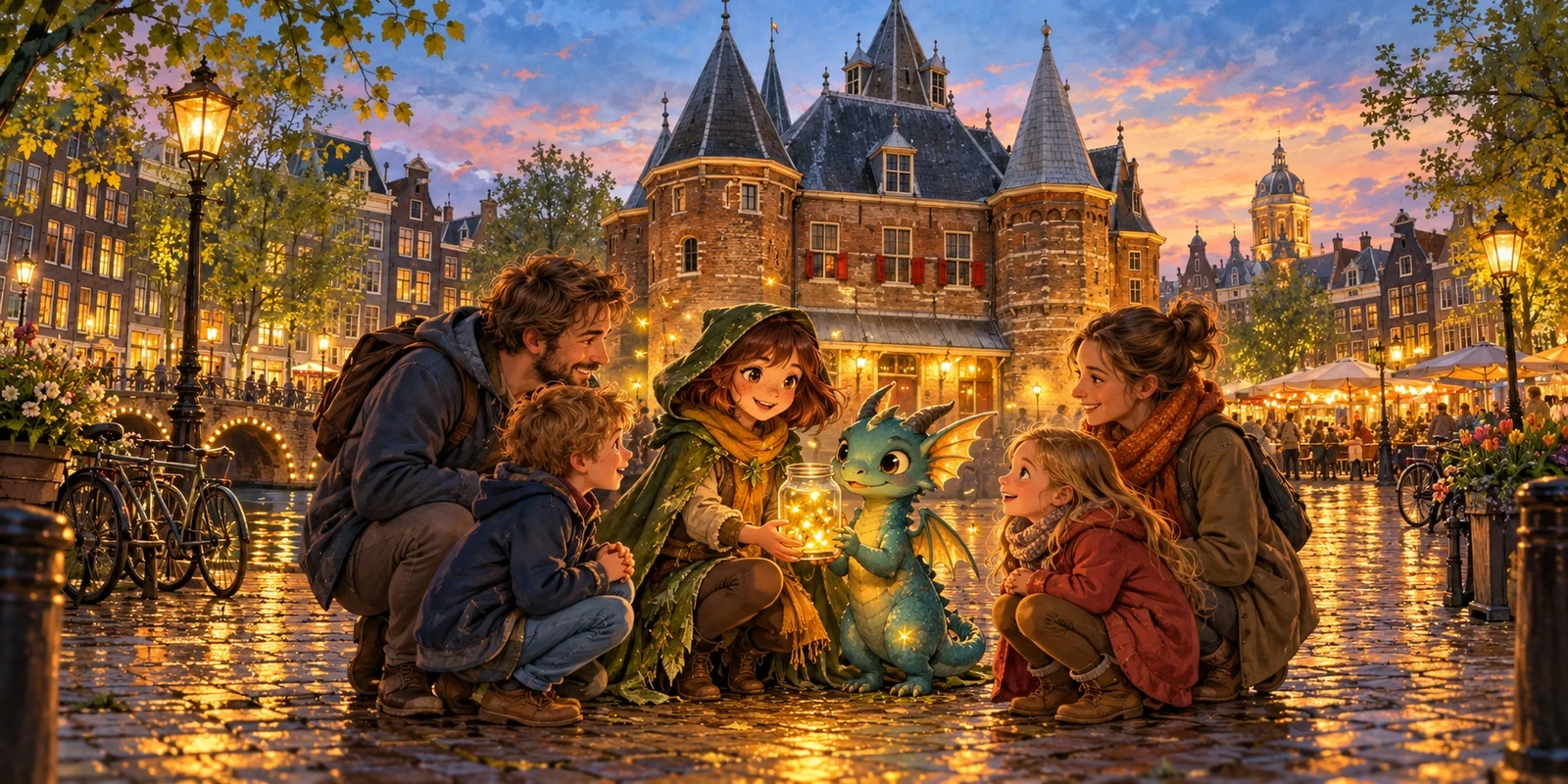 Linde en een kleine draak tonen een gezin hun lichtjespot voor de Waag.